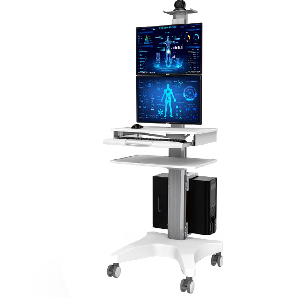 Medical Lab Officer - モダンスタイルのモバイル調整可能な病院医療用トロリーカート（2つのモニターマウント付き）オフィス、学校、研究所、クリニック用ワークステーション
